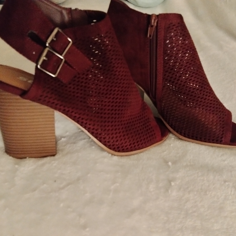 4Inches Burgundy Suede Perforated Block Heel Open Toe Ankle Boot